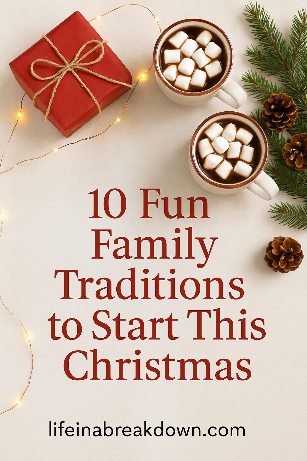 A holiday-themed flat lay with two mugs of hot chocolate topped with marshmallows, a wrapped present, pine cones, fir branches, fairy lights, and the text: 10 Fun Family Traditions to Start This Christmas.