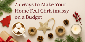Flat lay of Christmas items including a cup of hot chocolate with marshmallows, pine cones, twine, a candle, fir branches, a red tree bauble, and a gold star, with text: 25 Ways to Make Your Home Feel Christmassy on a Budget.