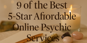 Text reads: 9 of the Best 5-Star Affordable Online Psychic Services. Background shows a candle, notebook, pen, crystals, and soft lighting, creating a calm, spiritual atmosphere.