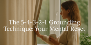 A woman holding a mug stands by a window touching a curtain. Text overlay reads: The 5-4-3-2-1 Grounding Technique: Your Mental Reset.