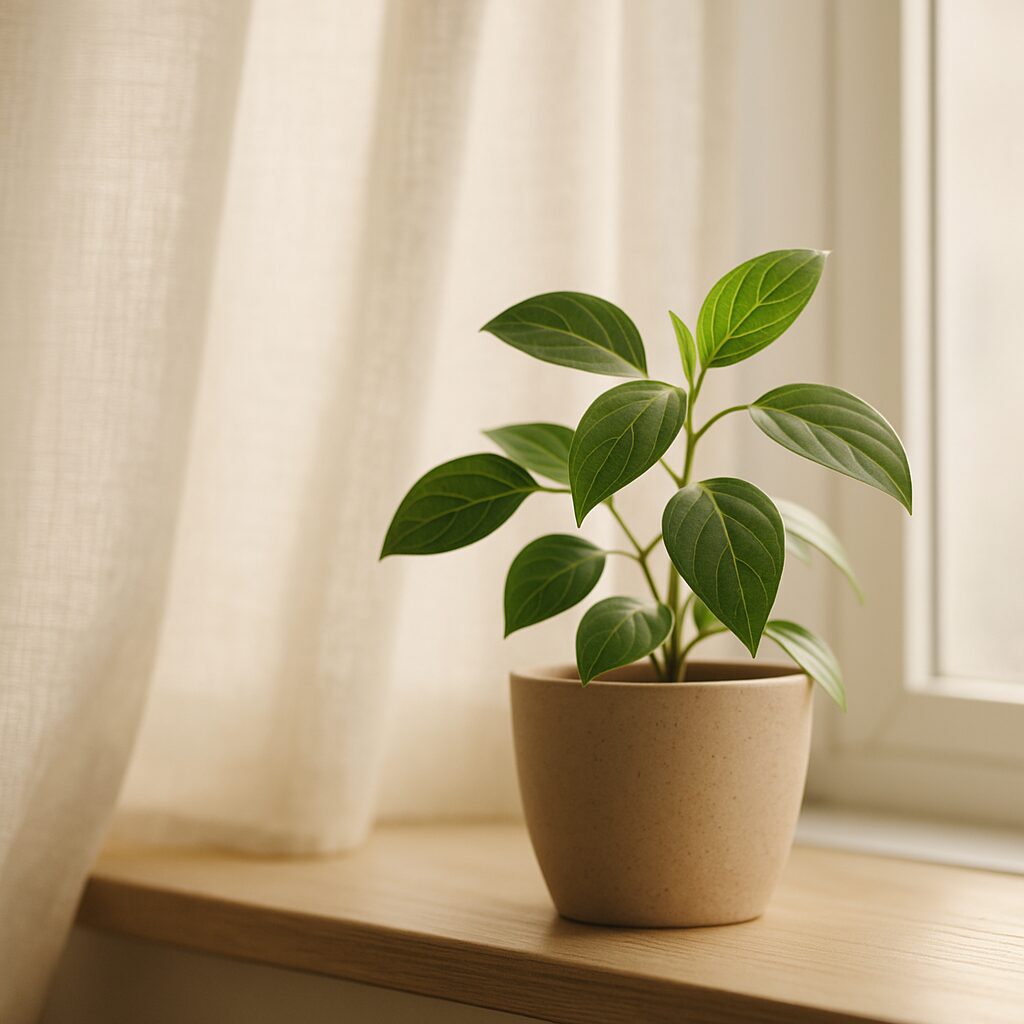 A small potted plant with green leaves sits on a wooden windowsill, next to a window with sheer white curtains letting in soft natural light.