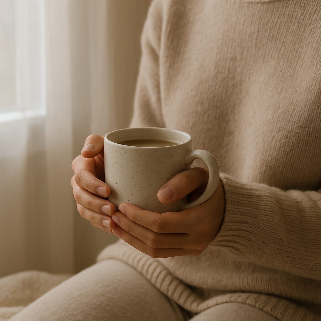 A person wearing a cosy beige jumper holds a white speckled ceramic mug with both hands, sitting near a softly lit window with sheer curtains.
