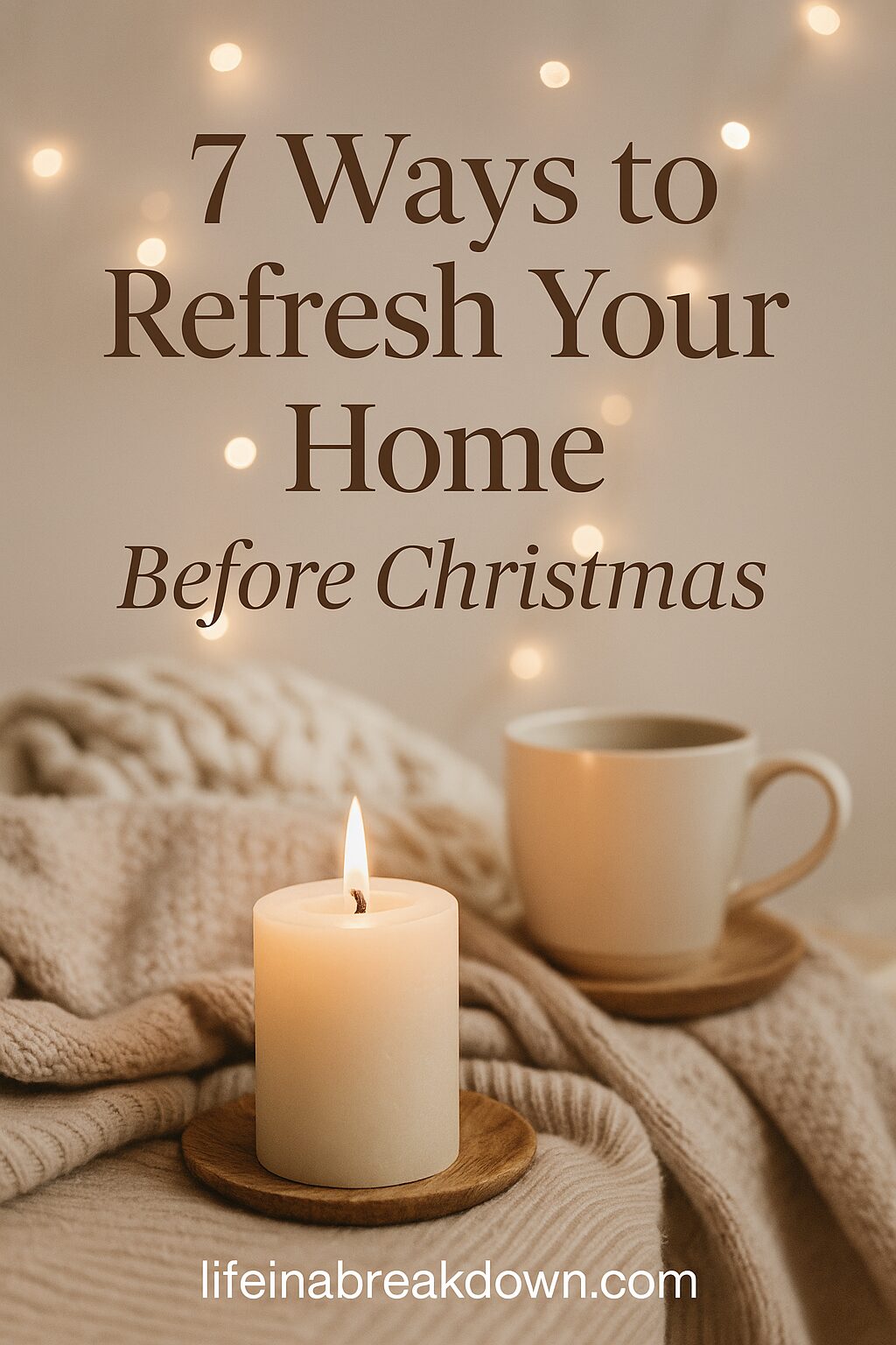 A lit candle and a mug on wooden coasters rest on a cosy blanket, with warm fairy lights in the background. Text reads: 7 Ways to Refresh Your Home Before Christmas. lifeinabreakdown.com.