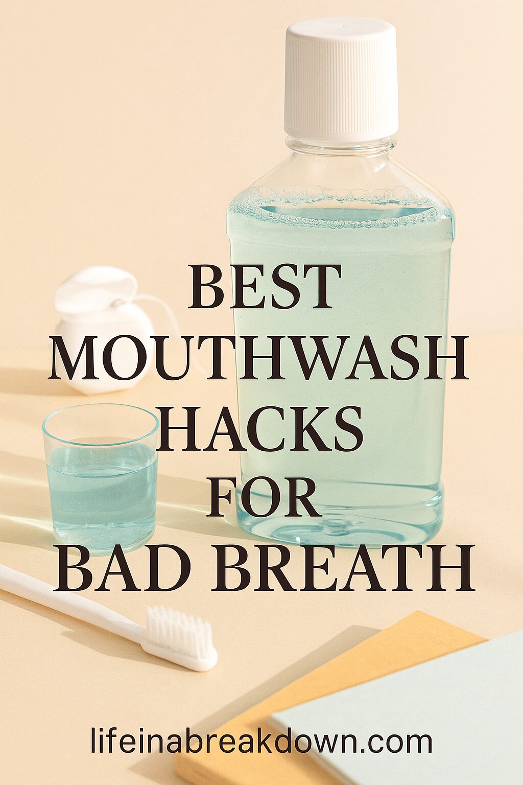 A bottle of blue mouthwash, a toothbrush, and a measuring jug are arranged on a beige surface. Text over the image reads: Best mouthwash hacks for bad breath. Website: lifeinabreakdown.com.