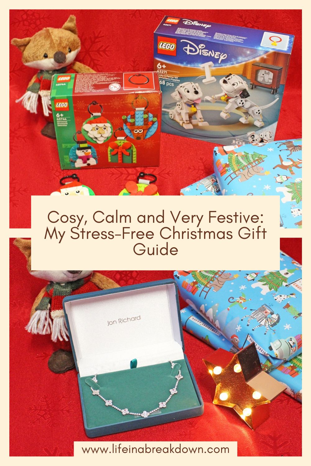 Christmas gift guide display with LEGO sets, wrapped presents, a plush fox toy, a necklace in a box labelled Jon Richard, a lit star decoration, and a festive red background. Text reads: Cosy, Calm and Very Festive: My Stress-Free Christmas Gift Guide.