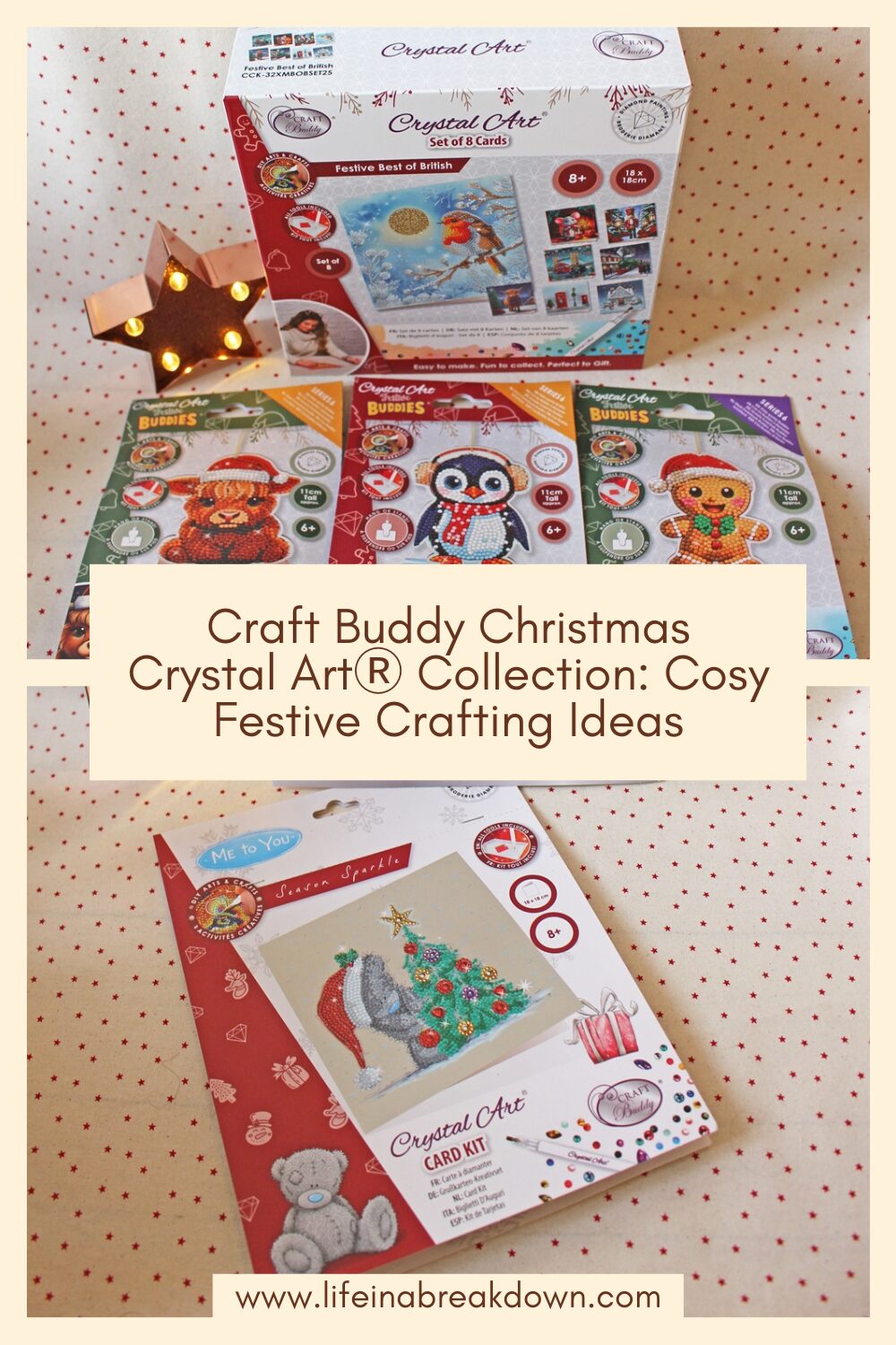 Photo collage showing several Crystal Art Christmas crafting kits with festive designs like animals and a tree. The kits are displayed on a beige background with red polka dots. Text describes cosy festive crafting ideas.