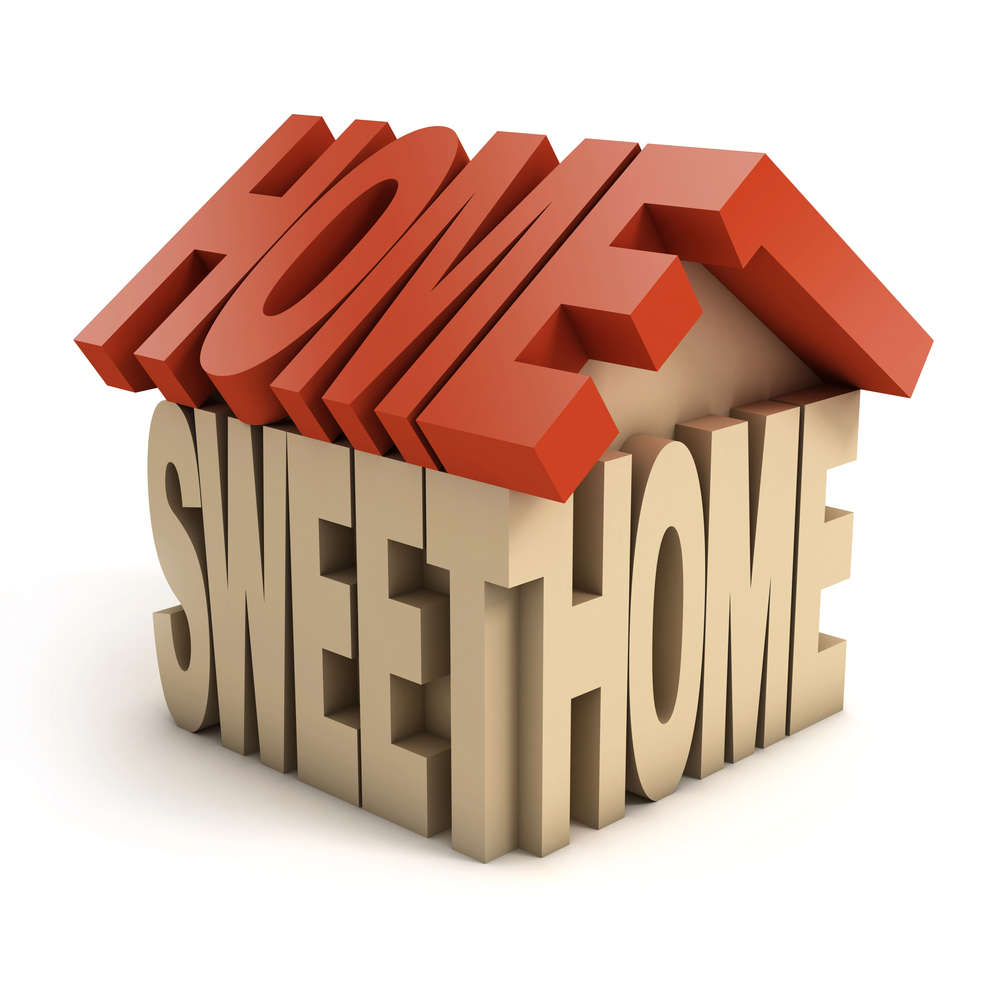 3D text forms a house shape with the words HOME as the roof in red, and SWEET HOME as the beige-coloured walls, symbolising the phrase Home Sweet Home.