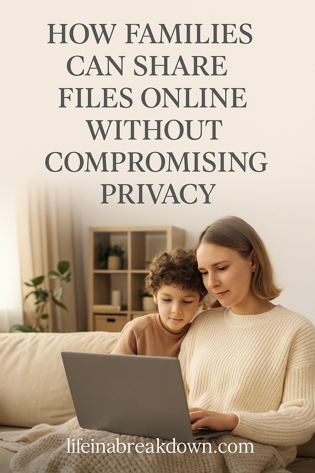 A woman and a young boy sit together on a sofa, using a laptop. Text above them reads, “How families can share files online without compromising privacy.” The website “lifeinabreakdown.com” is at the bottom.