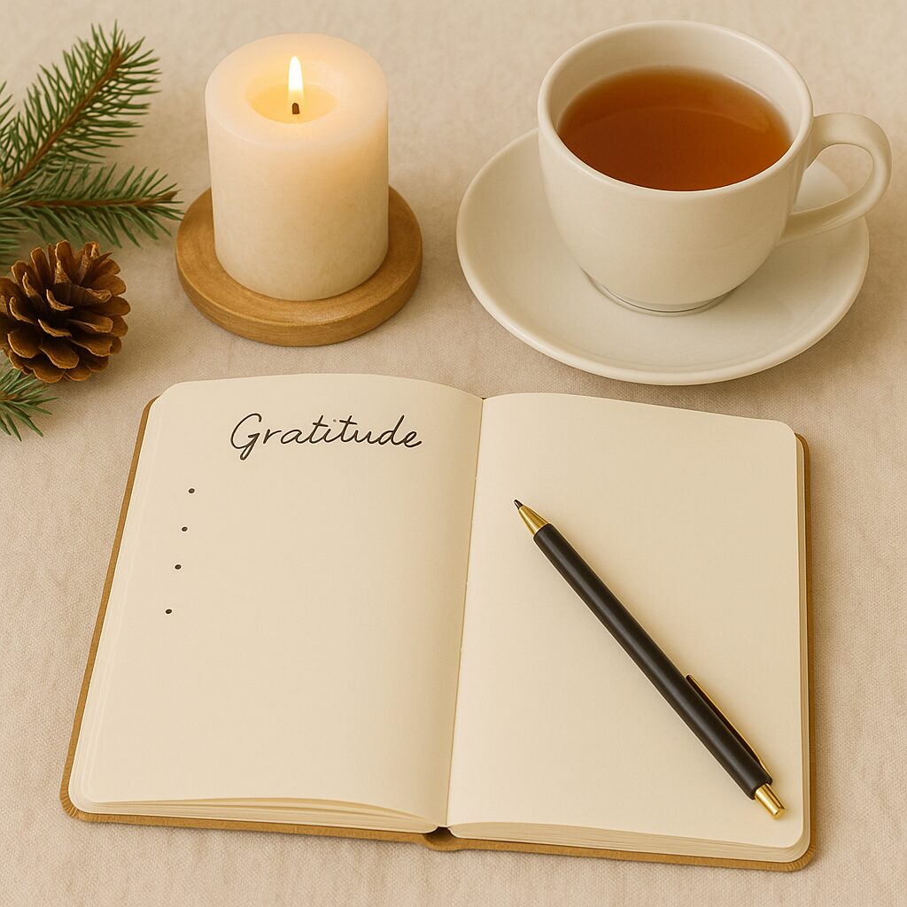 An open notebook labelled “Gratitude” lies on a table with a pen, a lit candle, a cup of tea on a saucer, a pine cone, and a pine branch, creating a cosy and peaceful scene.