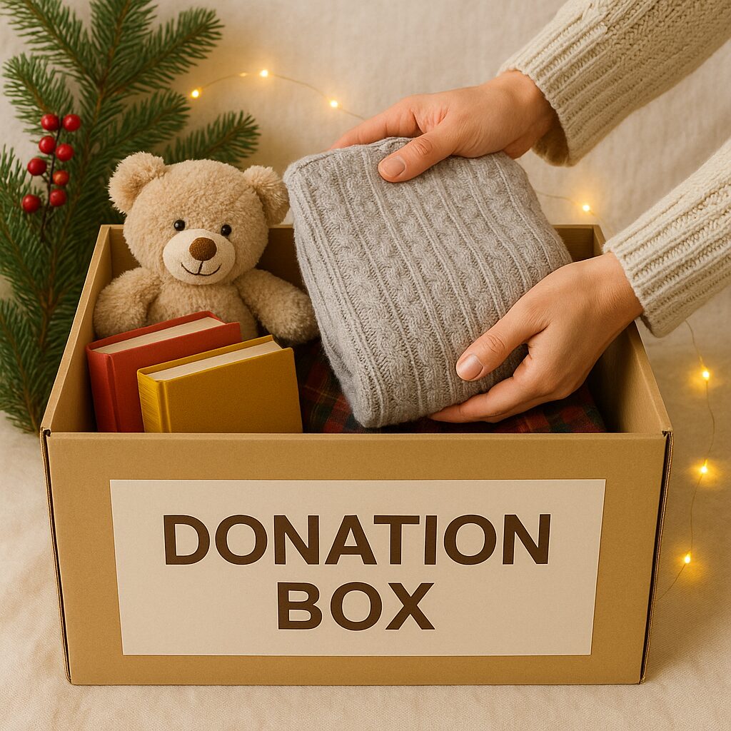 A person places a folded grey jumper into a cardboard box labelled DONATION BOX, which also contains a teddy bear and books. Pine branches and fairy lights are in the background, creating a festive atmosphere.