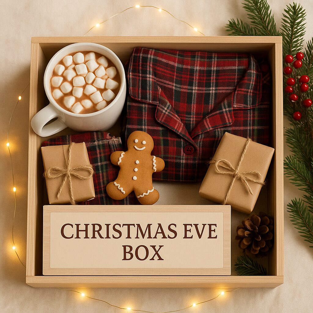 A wooden box labelled “Christmas Eve Box” contains checked pyjamas, a mug of hot chocolate with marshmallows, two wrapped presents, a gingerbread biscuit, a pine cone, and festive greenery with red berries.