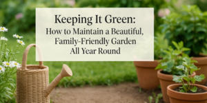 A watering can sits near blooming daisies and potted plants in a lush garden. Overlaid text reads, Keeping It Green: How to Maintain a Beautiful, Family-Friendly Garden All Year Round.
