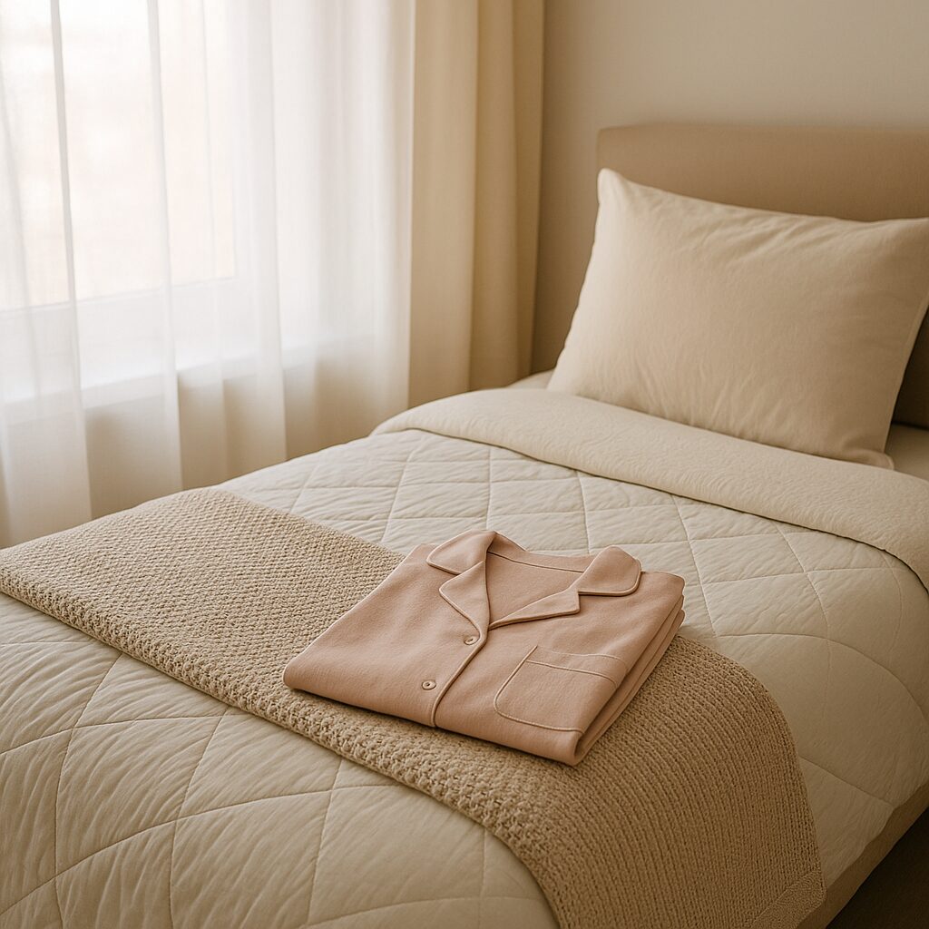 A neatly made bed with cream-coloured bedding and a beige blanket, with a pair of folded beige pyjamas placed on top. Soft natural light filters through sheer curtains beside the bed.