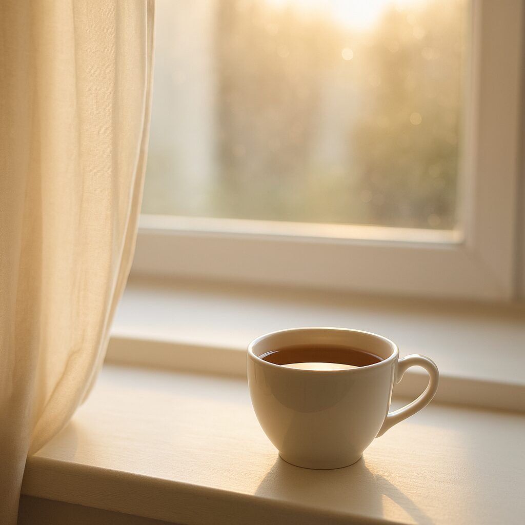 A white cup filled with tea sits on a windowsill, bathed in warm, golden sunlight streaming through a window with sheer curtains.