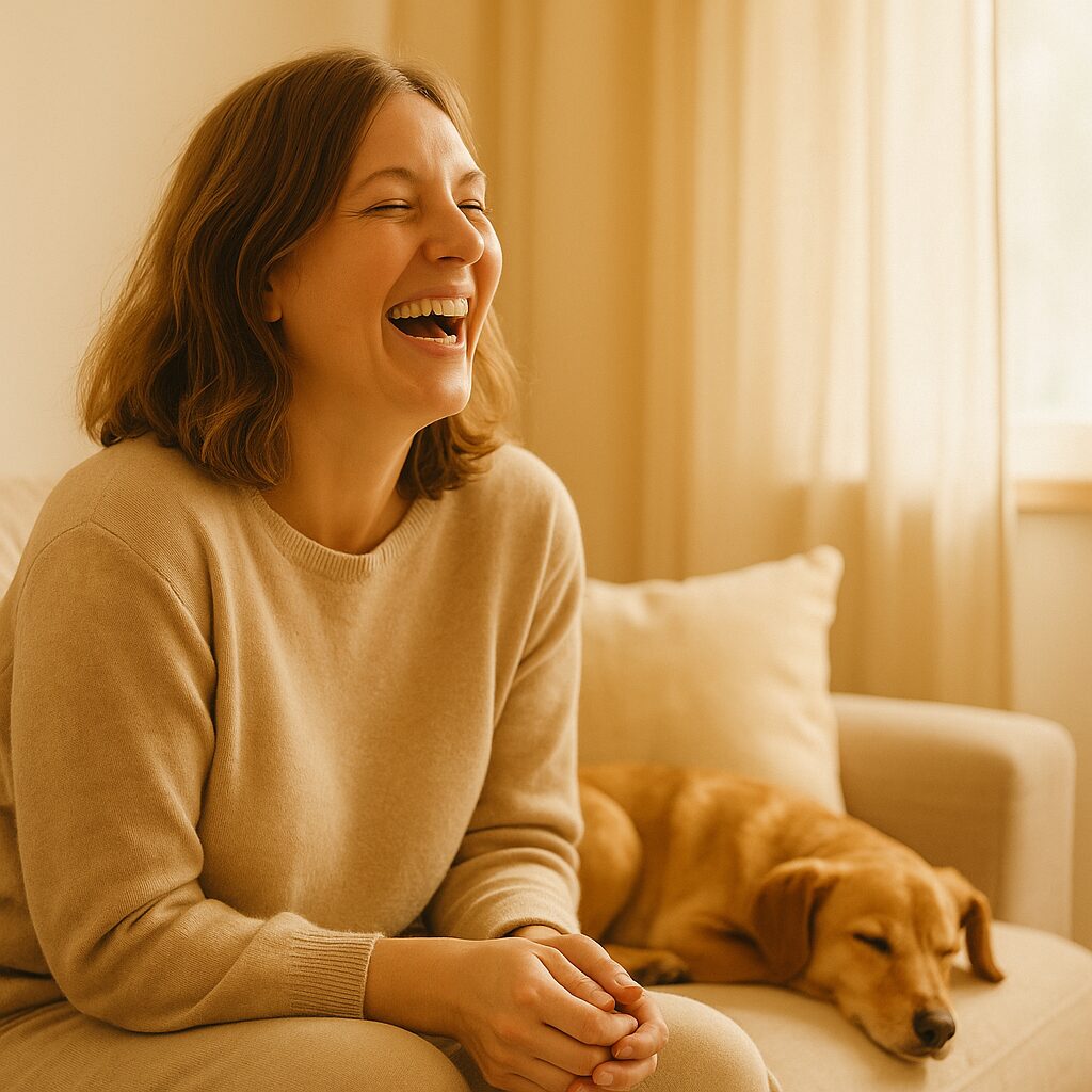 A woman sits on a beige sofa, laughing joyfully, while a golden-brown dog sleeps curled up beside her. The room is softly lit with warm tones and natural light coming through a window with light curtains.