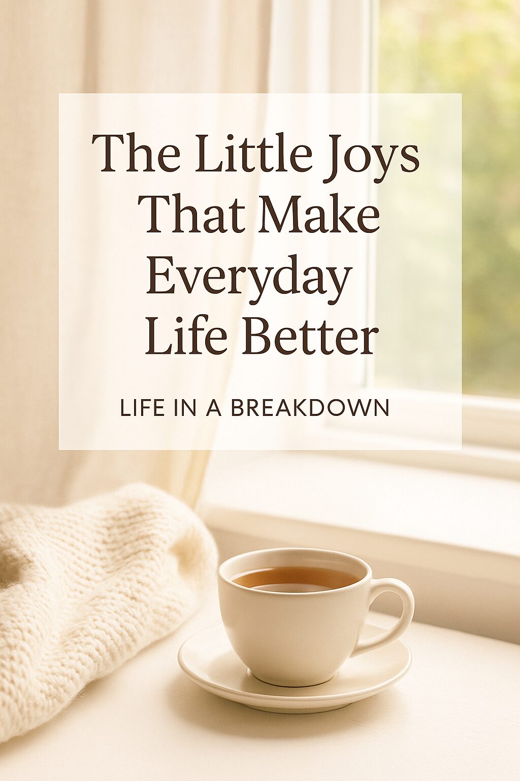 A white cup and saucer with tea sit on a white surface near a window, next to a cosy knitted blanket. Text reads: The Little Joys That Make Everyday Life Better—Life in a Breakdown.