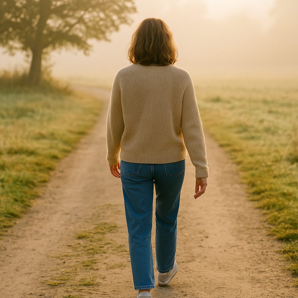 A person with shoulder-length hair, wearing a beige jumper and blue jeans, walks alone down a dirt path through a grassy field on a foggy morning.