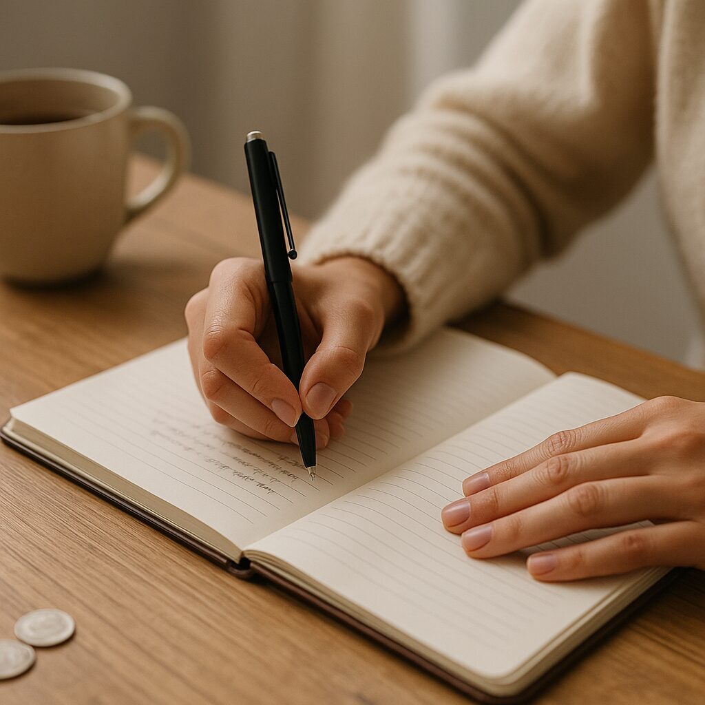 A person wearing a cream jumper writes in a lined notebook with a black pen on a wooden table. A beige mug and a few coins are also on the table.