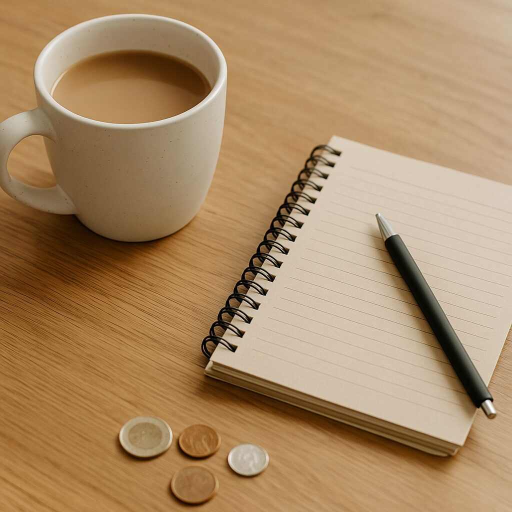 A cup of coffee, a spiral notebook with lined pages, a black pen, and four assorted coins are arranged on a wooden table.