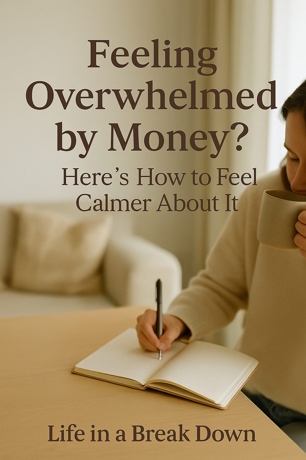 A person sits at a table with a notebook and pen, drinking from a mug. Text over the image reads: Feeling Overwhelmed by Money? Here’s How to Feel Calmer About It. Life in a Breakdown.