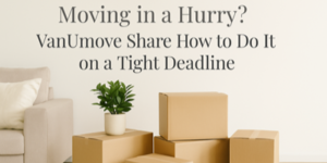 A living room with a beige sofa, a white cushion, a potted plant, and several stacked cardboard boxes. Text reads, Moving in a hurry? VanUmove share how to do it on a tight deadline.