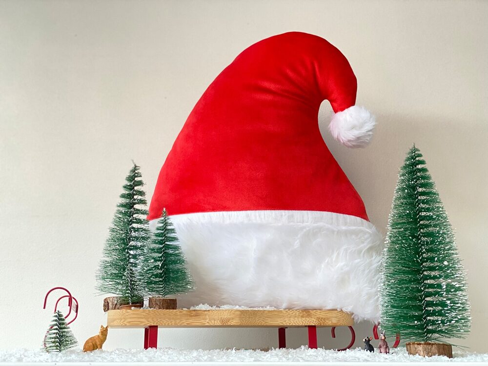 A large Father Christmas hat with white fur trim sits on a wooden sledge surrounded by small, snow-dusted artificial pine trees, a miniature reindeer, and candy canes on artificial snow against a plain wall.