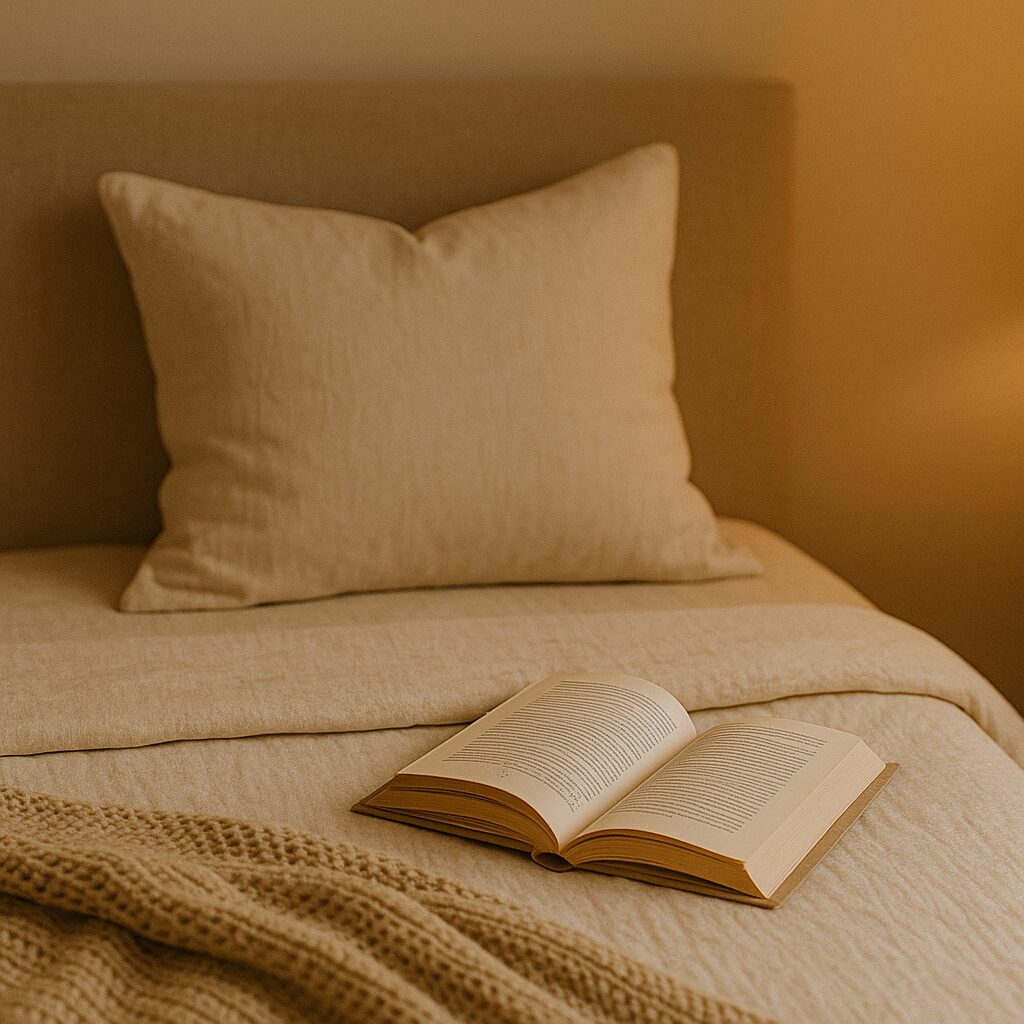 A cosy beige bed with a large pillow and knitted blanket, softly lit by warm light. An open book rests on the bed, inviting a peaceful and relaxing atmosphere.