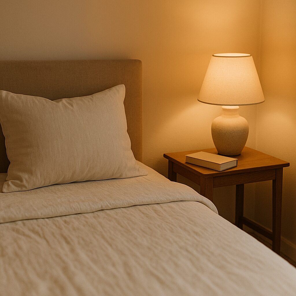 A neatly made bed with light beige bedding sits beside a wooden bedside table holding a closed book and a lit ceramic lamp, creating a warm, cosy atmosphere in the room.