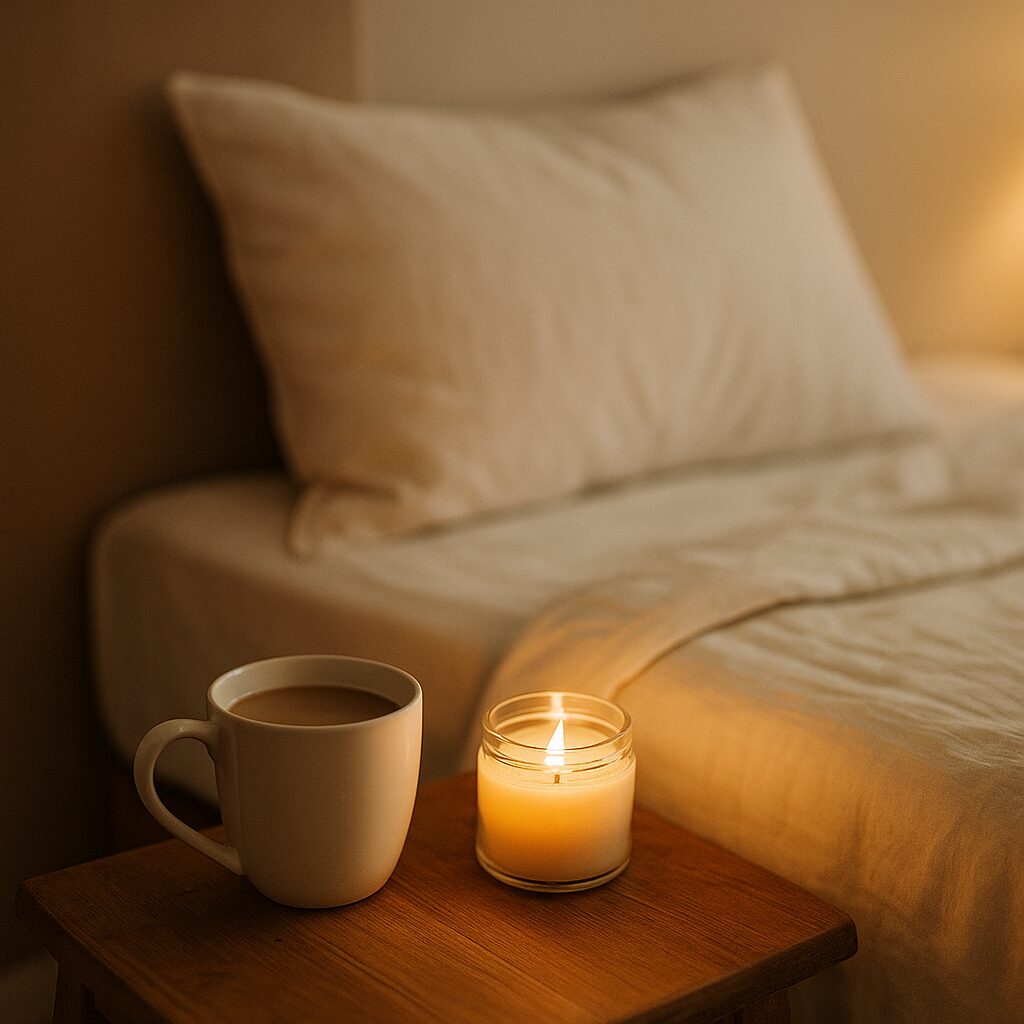 A cosy bedroom scene with a neatly made bed featuring white linen. On a wooden bedside table, there is a mug filled with a warm drink and a lit candle in a glass jar, creating a warm, inviting atmosphere.
