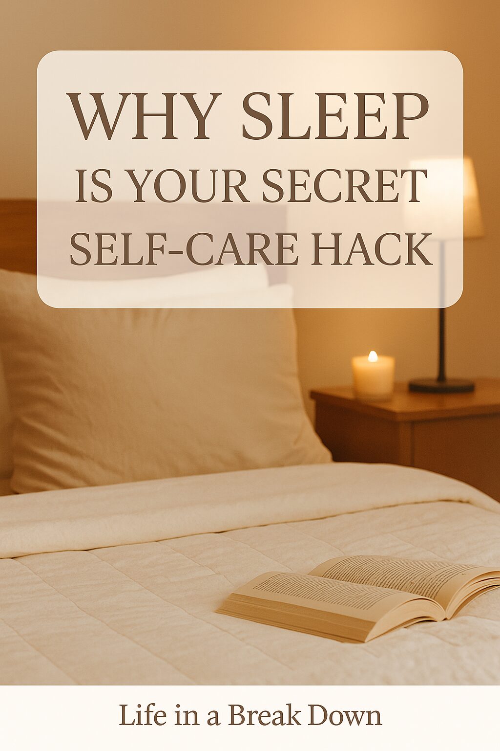 A neatly made bed with a book open on the duvet, a lit candle, and a lamp on a bedside table. Overlaid text reads: “Why sleep is your secret self-care hack. Life in a Break Down.”.
