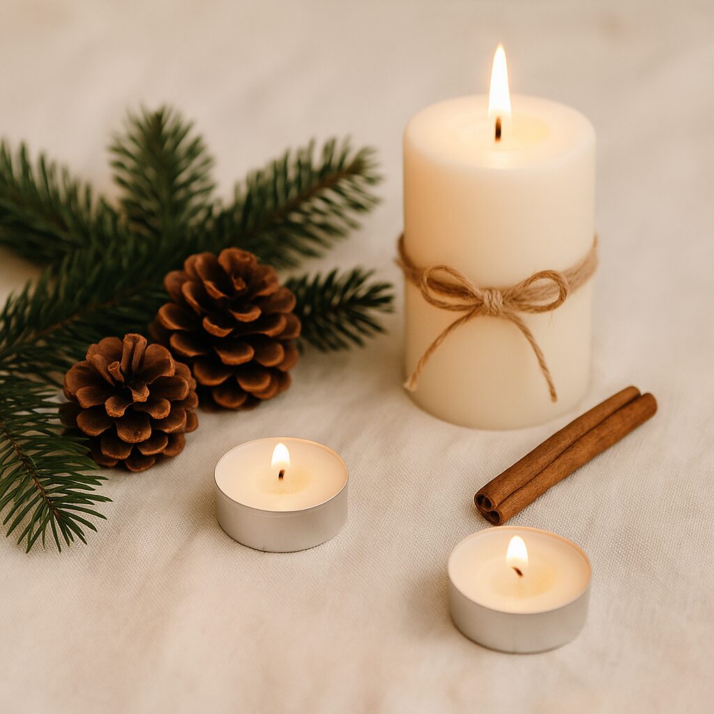 A lit pillar candle tied with twine, two small lit tealight candles, pine cones, fir branches, and cinnamon sticks arranged on a white cloth for a cosy, festive atmosphere.
