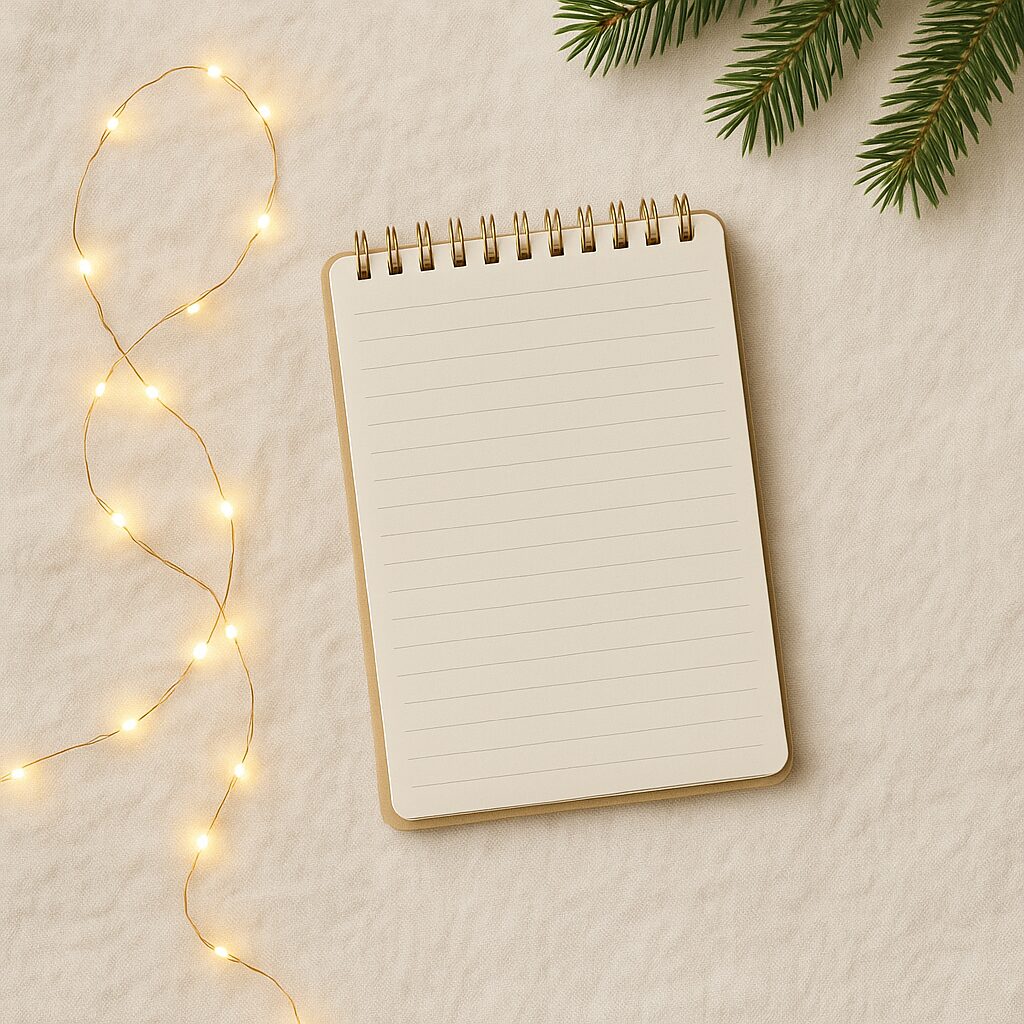 A blank, lined spiral notebook rests on a textured cream surface. To the left, a string of small yellow fairy lights is arranged. Pine tree branches appear in the top right corner, suggesting a festive theme.