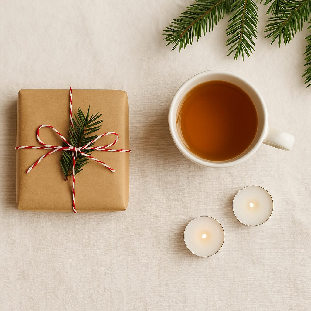 A cup of tea, two lit tealight candles, and a gift wrapped in brown paper with red and white string and a pine sprig, all arranged on a cream-coloured fabric with pine branches in the corner.