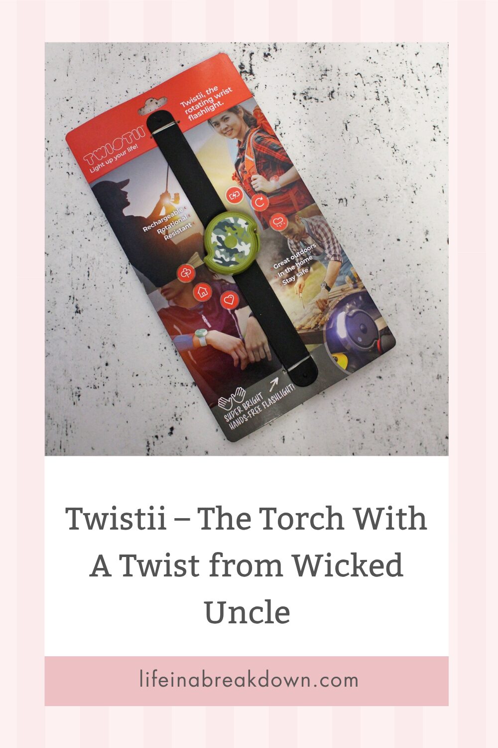 A Twistii Torch toy in its packaging, featuring a black strap and a round, green camo-patterned torch. The packaging displays children and product info. Text below reads: Twistii Torch – The Torch With A Twist from Wicked Uncle.