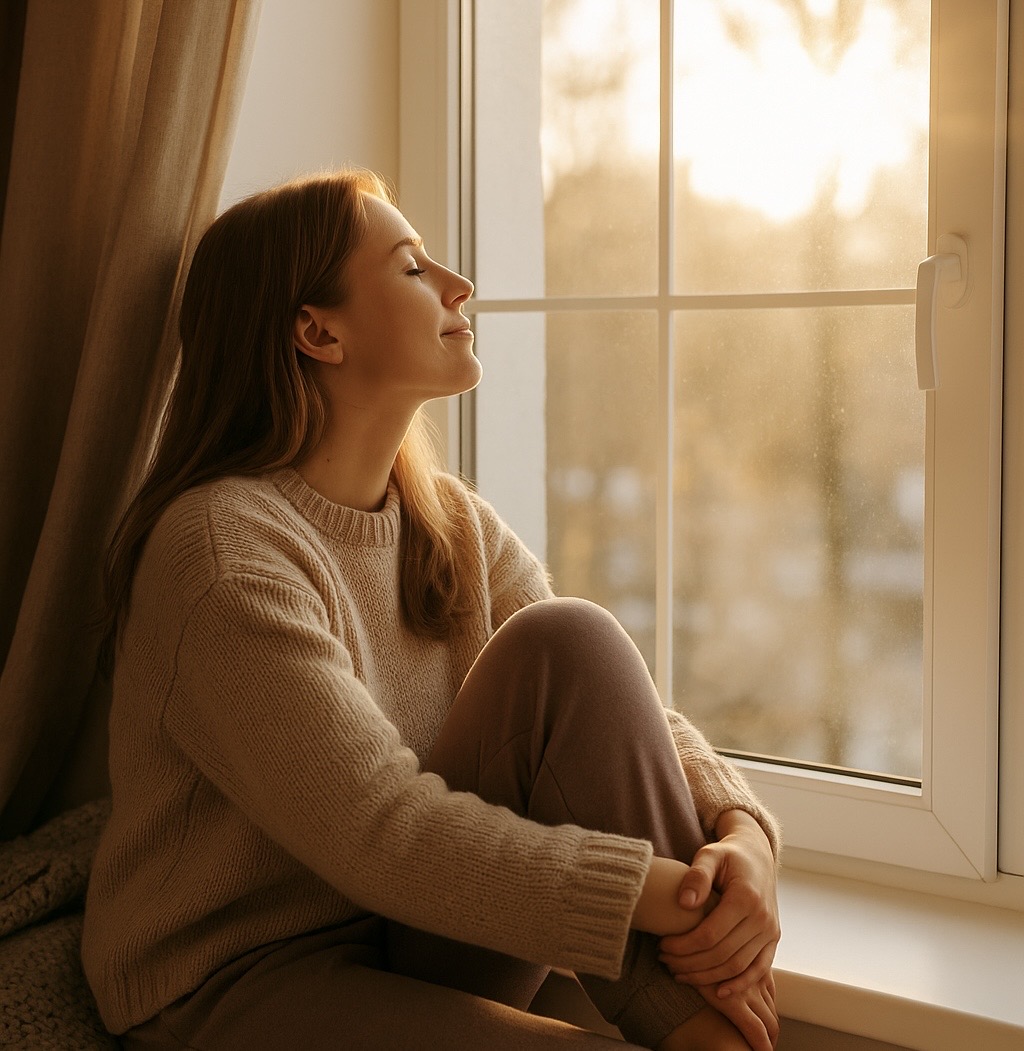 A woman in a cosy beige jumper sits by a window, eyes closed and smiling softly, bathed in warm golden sunlight during sunrise or sunset. She appears relaxed and content, enjoying a peaceful moment indoors.