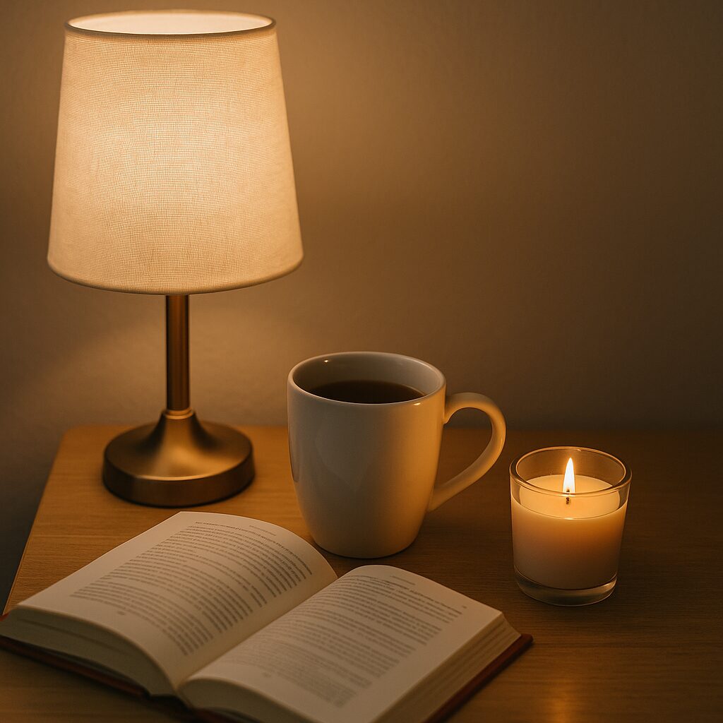 A cosy scene with a lit table lamp, an open book, a white mug filled with a hot drink, and a burning candle on a wooden surface, creating a warm and inviting atmosphere.