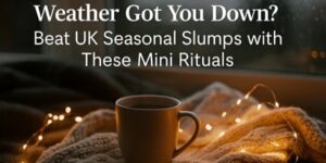 A mug sits on a cosy blanket with fairy lights, in front of a rainy window. Text reads: “Weather Got You Down? Beat UK Seasonal Slumps with These Mini Rituals.”.