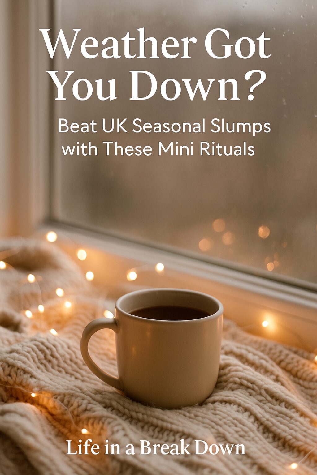 A mug of coffee sits on a knitted blanket by a window with raindrops, surrounded by warm fairy lights. Text reads: Weather Got You Down? Beat UK Seasonal Slumps with These Mini Rituals. Life in a Break Down.