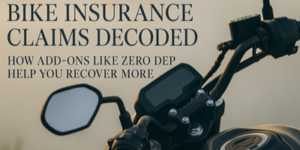 Close-up of a motorbike’s handlebar at sunset with text overlay: “Bike Insurance Claims Decoded – How add-ons like zero dep help you recover more.”.