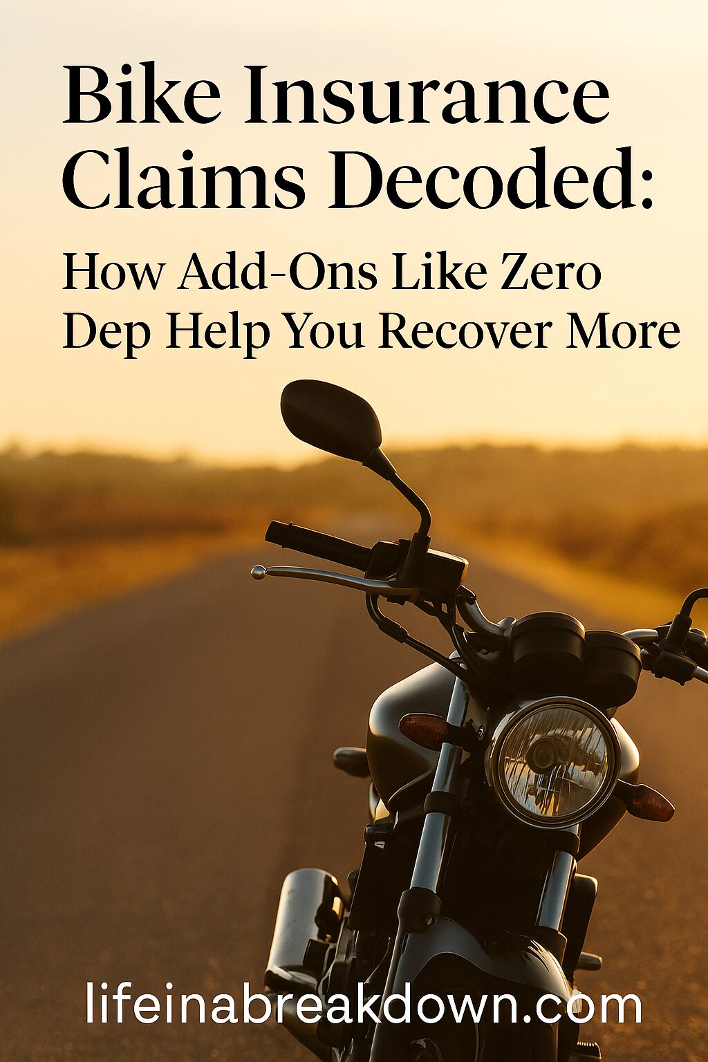 A close-up of a motorcycle handlebar on an empty road at sunset, with text about bike insurance claims and add-ons, plus the website lifeinabreakdown.com.