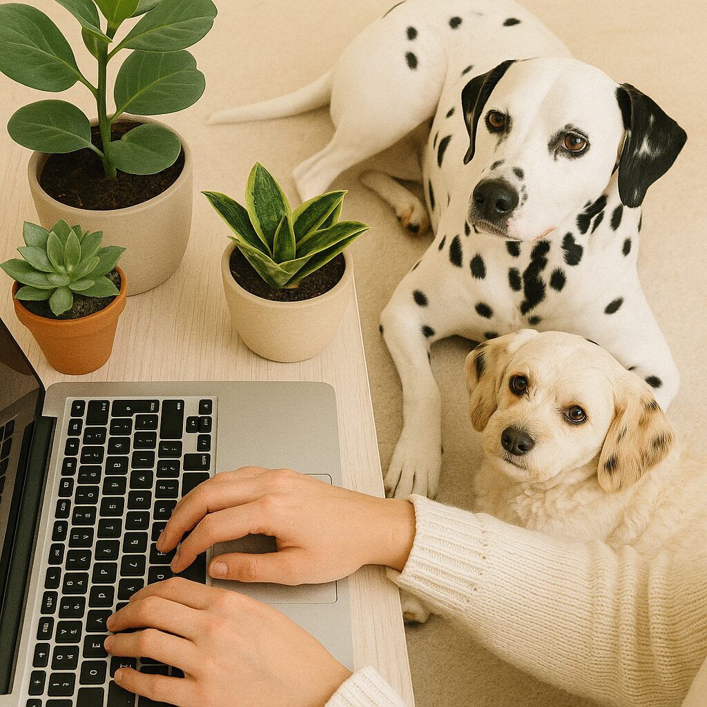 A person types on a laptop at a desk with three potted plants, while a Dalmatian and a small light-coloured dog sit on the floor nearby, looking up.