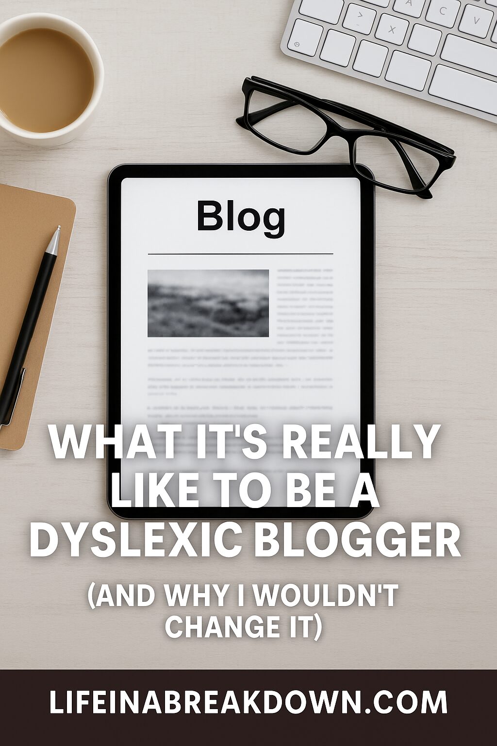 A tablet displaying a blog article sits on a desk with glasses, a coffee cup, keyboard, and notebook. Text on the image reads: What it’s really like to be a dyslexic blogger (and why I wouldn’t change it).