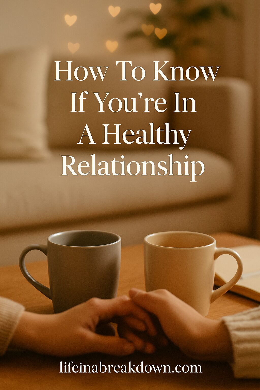 Two people hold hands on a table with two mugs, with text reading How To Know If You’re In A Healthy Relationship and lifeinabreakdown.com above a cosy, softly-lit background.