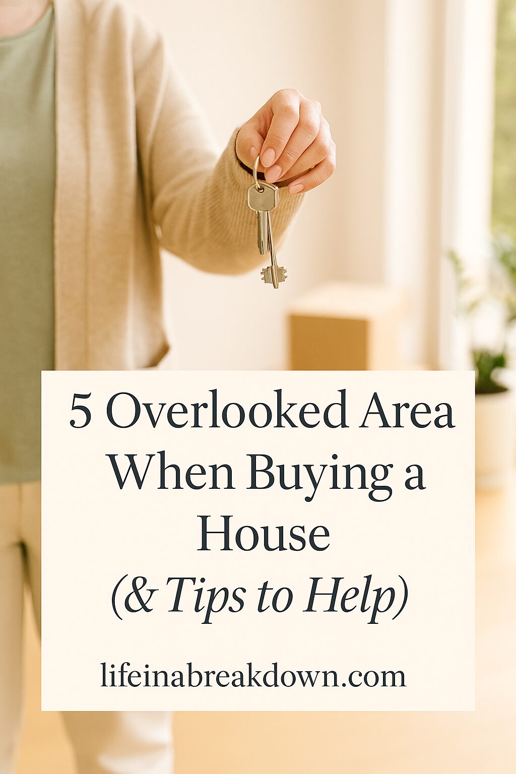 A person holds out house keys. Overlaid text reads: 5 Overlooked Areas When Buying a House (& Tips to Help) lifeinabreakdown.com. Cardboard boxes are visible in the background.