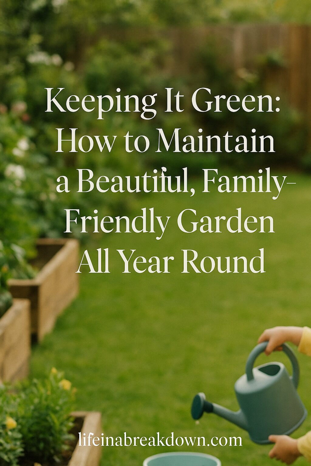 A child waters plants in a lush, green garden with raised beds. Overlaid text reads: Keeping It Green: How to Maintain a Beautiful, Family-Friendly Garden All Year Round.