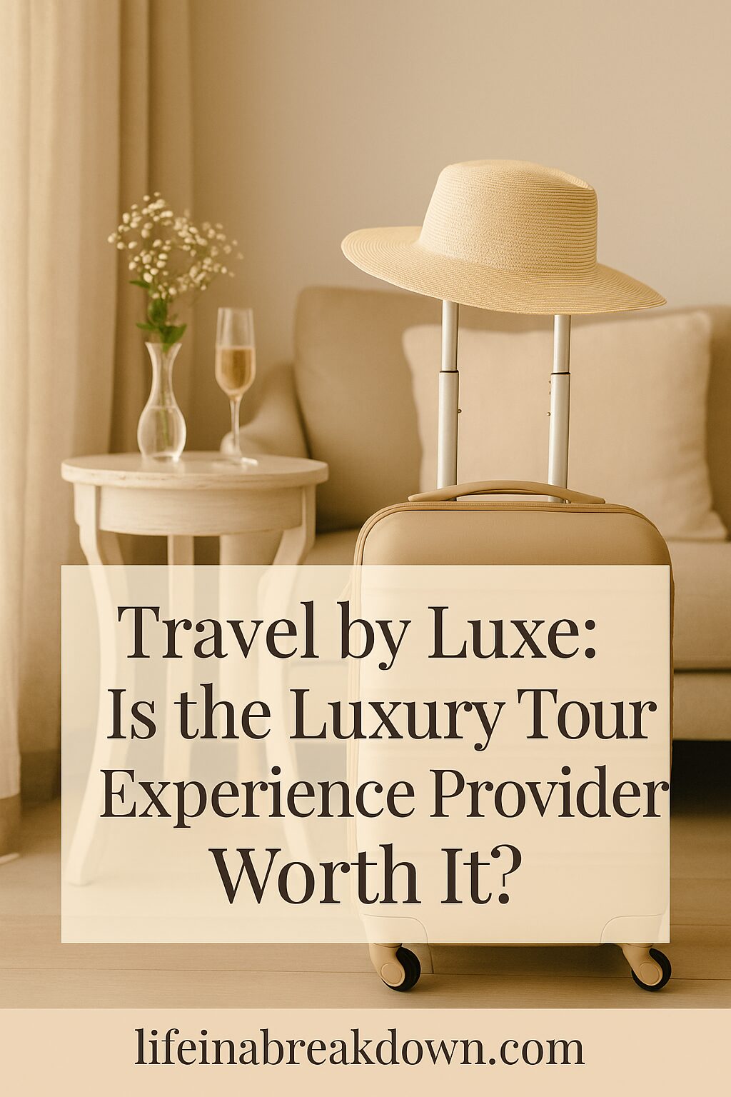 A beige suitcase with a straw hat on top is in front of a sofa and small table with a plant and glass of wine. Text reads: Travel by Luxe: Is the Luxury Tour Experience Provider Worth It? lifeinabreakdown.com.