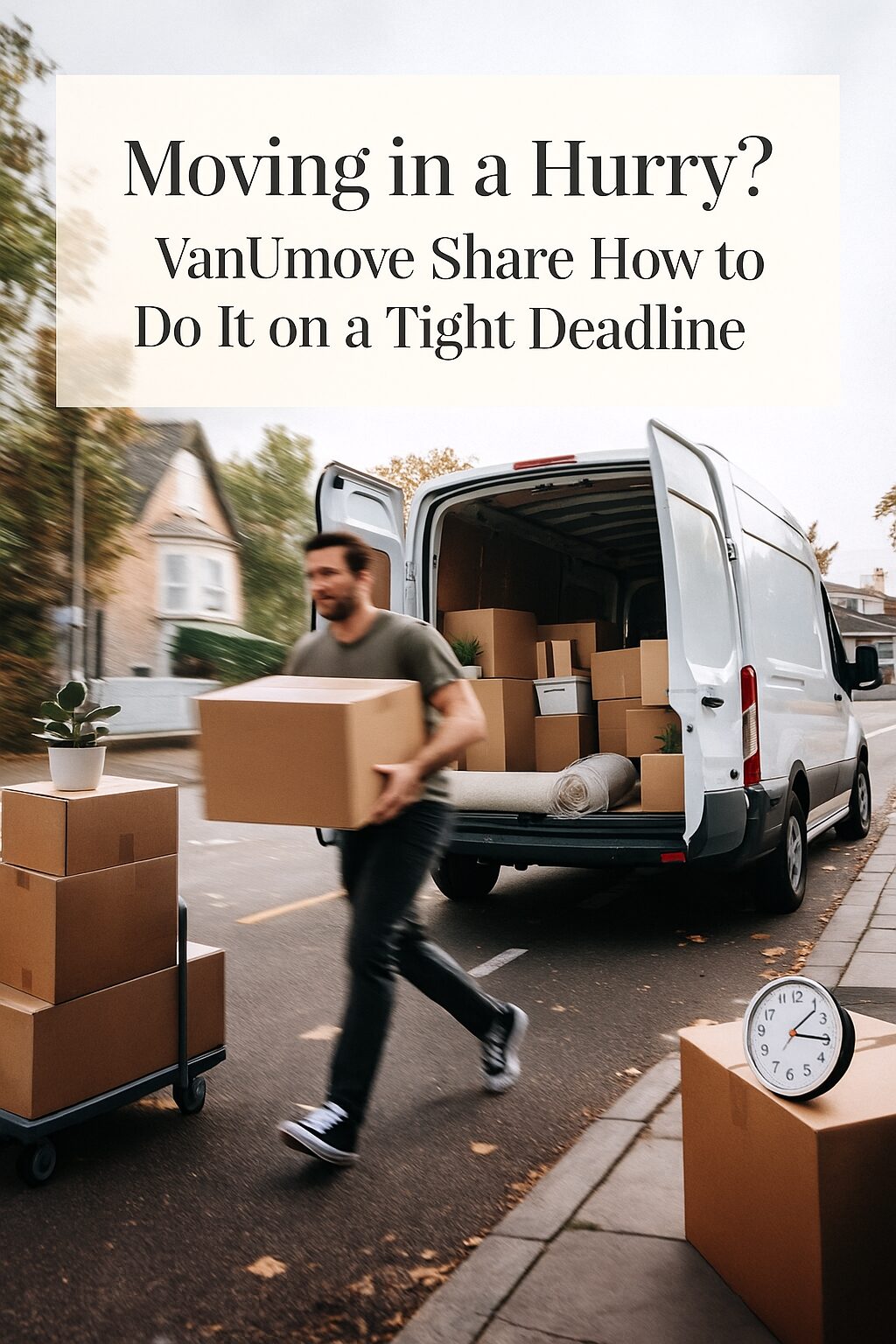 A man quickly carries boxes from a hand trolley to a white van filled with moving boxes on a residential street; text above reads, “Moving in a Hurry? VanUmove Share How to Do It on a Tight Deadline.”.