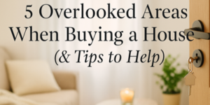 A key in a door lock opens to a cosy, softly lit living room with a chair, small table, candle, and plant. Overlaid text reads: 5 Overlooked Areas When Buying a House (& Tips to Help).