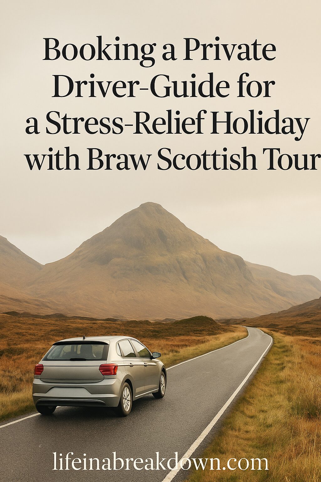 A car drives down a winding road through a scenic, misty Scottish landscape with hills in the background. Text reads: Booking a Private Driver-Guide for a Stress-Relief Holiday with Braw Scottish Tour. lifeinabreakdown.com.
