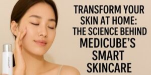 A woman with smooth skin gently touches her face whilst holding a Medibube skincare bottle. Text reads: Transform your skin at home: The science behind Medicube's smart skincare.